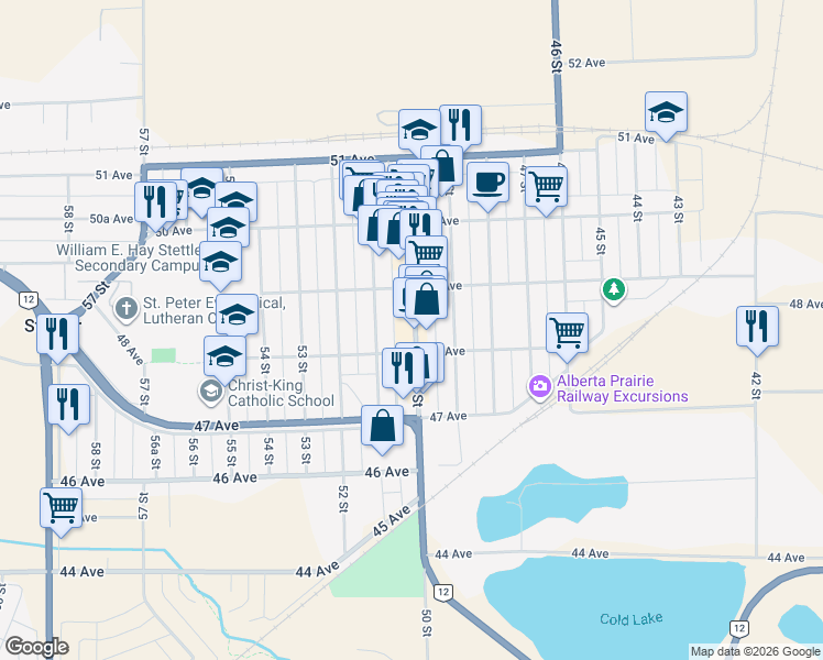 map of restaurants, bars, coffee shops, grocery stores, and more near 5004 48 Avenue in Stettler