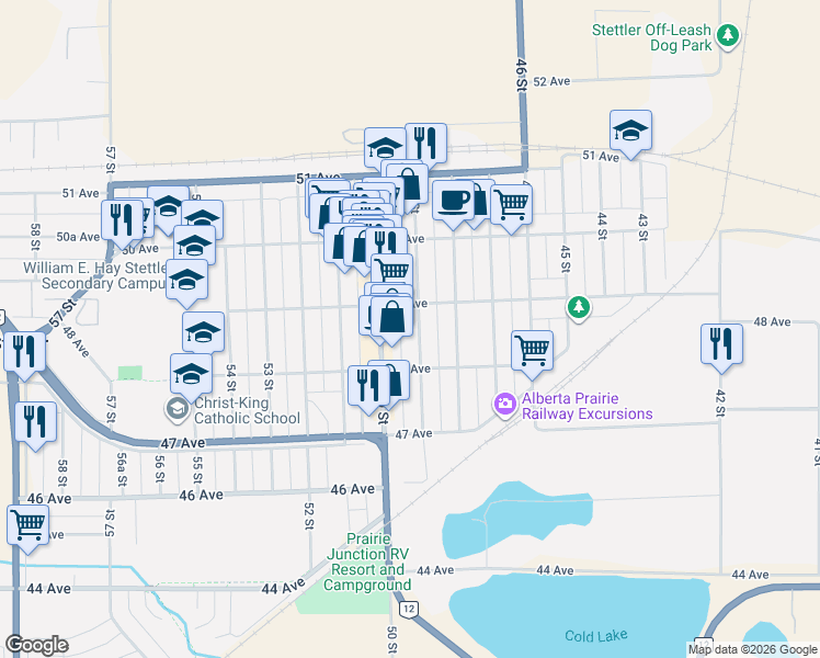 map of restaurants, bars, coffee shops, grocery stores, and more near 4902 49 Street in Stettler