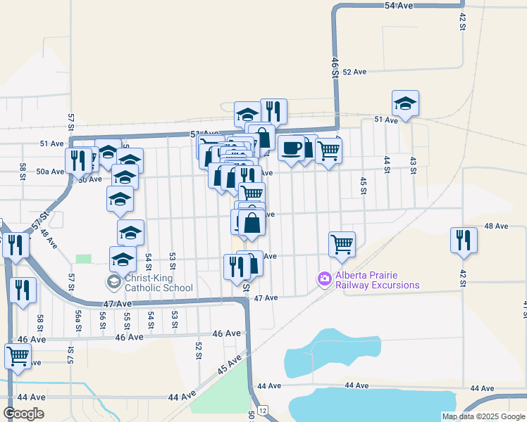 map of restaurants, bars, coffee shops, grocery stores, and more near 4902 49 Street in Stettler