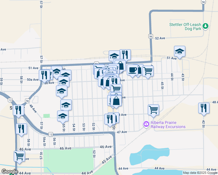 map of restaurants, bars, coffee shops, grocery stores, and more near 4924 50 Street in Stettler