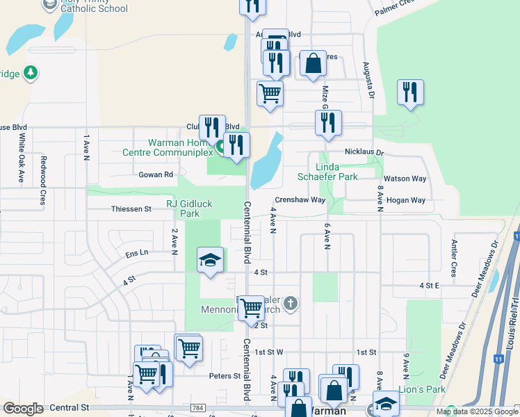 map of restaurants, bars, coffee shops, grocery stores, and more near 610 Centennial Boulevard in Warman