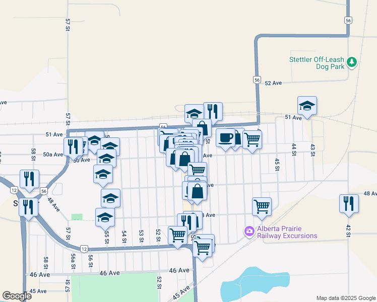 map of restaurants, bars, coffee shops, grocery stores, and more near 4924 50 Street in Stettler