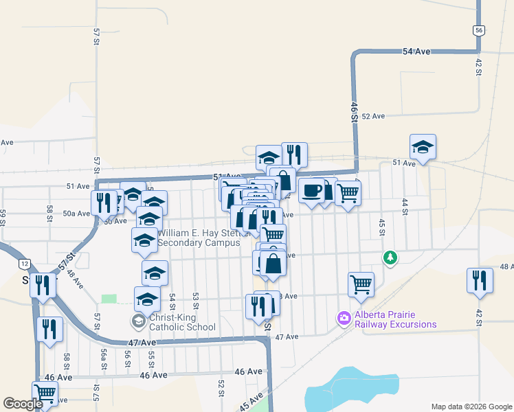 map of restaurants, bars, coffee shops, grocery stores, and more near 4924 50 Street in Stettler