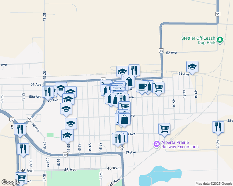 map of restaurants, bars, coffee shops, grocery stores, and more near 4924 50 Street in Stettler