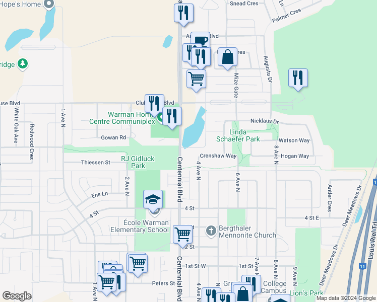 map of restaurants, bars, coffee shops, grocery stores, and more near 610 Centennial Boulevard in Warman