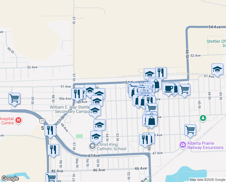 map of restaurants, bars, coffee shops, grocery stores, and more near 5302 50 Avenue in Stettler