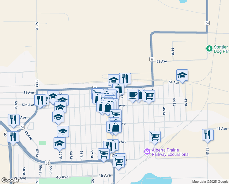 map of restaurants, bars, coffee shops, grocery stores, and more near 5031 50 Street in Stettler