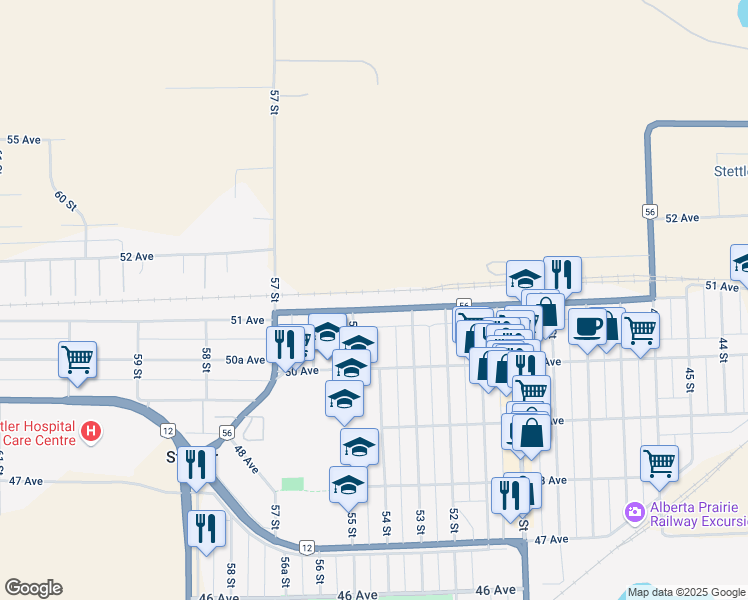 map of restaurants, bars, coffee shops, grocery stores, and more near 5402 51 Avenue in Stettler