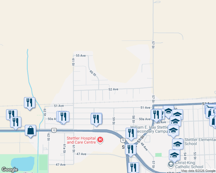 map of restaurants, bars, coffee shops, grocery stores, and more near 5902 52 Avenue in Stettler