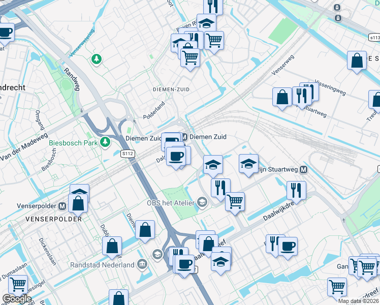 map of restaurants, bars, coffee shops, grocery stores, and more near 6002 Dalsteindreef in Diemen