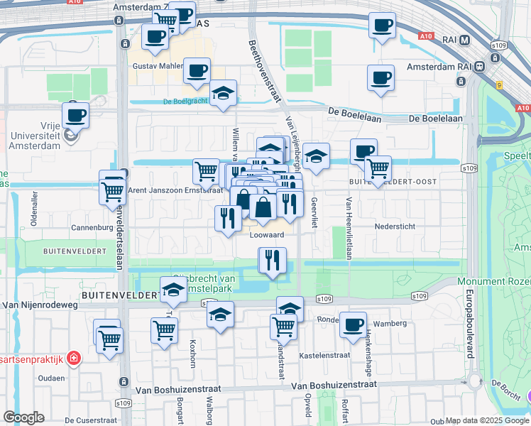 map of restaurants, bars, coffee shops, grocery stores, and more near 577 Arent Janszoon Ernststraat in Amsterdam