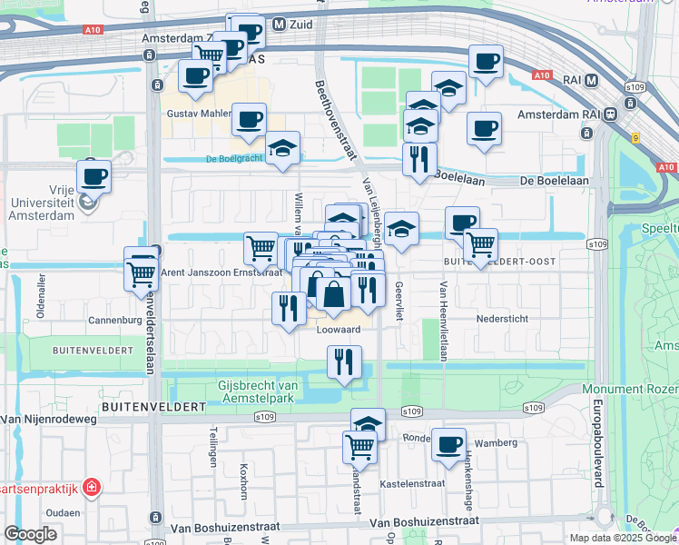 map of restaurants, bars, coffee shops, grocery stores, and more near 577 Arent Janszoon Ernststraat in Amsterdam