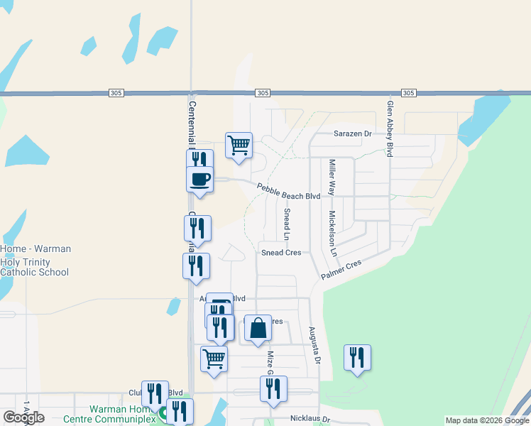 map of restaurants, bars, coffee shops, grocery stores, and more near Couples Court in Warman