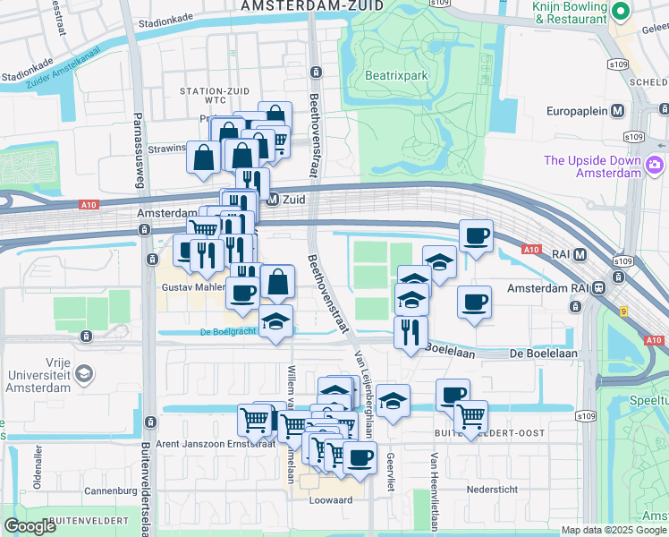 map of restaurants, bars, coffee shops, grocery stores, and more near 539 Beethovenstraat in Amsterdam