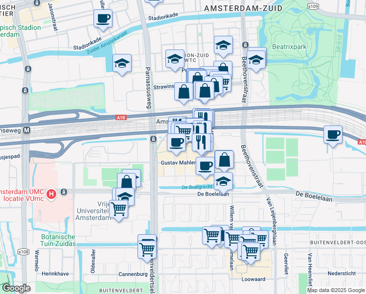 map of restaurants, bars, coffee shops, grocery stores, and more near 10 Gustav Mahlerlaan in Amsterdam