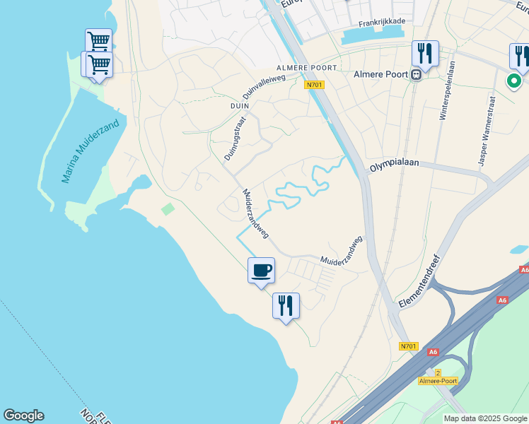 map of restaurants, bars, coffee shops, grocery stores, and more near Muiderzandweg in Almere