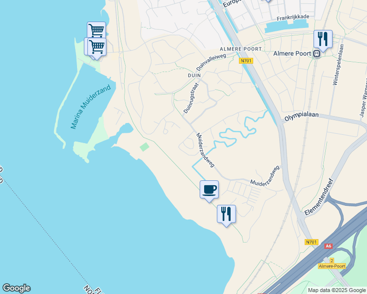 map of restaurants, bars, coffee shops, grocery stores, and more near Muiderzandweg in Almere