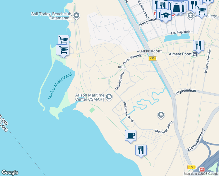 map of restaurants, bars, coffee shops, grocery stores, and more near Zeeduinweg in Almere