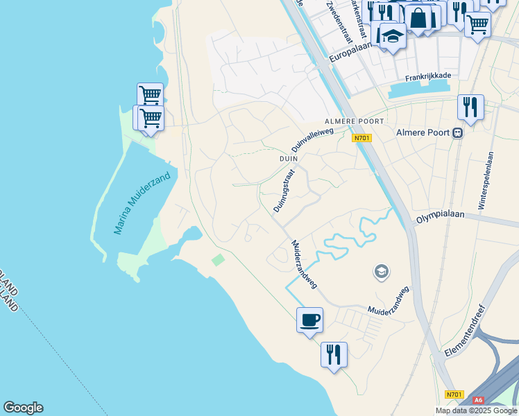map of restaurants, bars, coffee shops, grocery stores, and more near Zeeduinweg in Almere