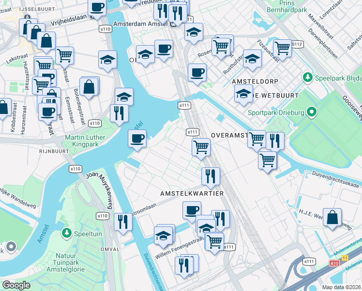 map of restaurants, bars, coffee shops, grocery stores, and more near Welnastraat in Amsterdam