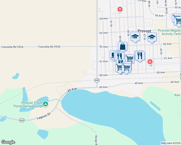 map of restaurants, bars, coffee shops, grocery stores, and more near 5028 53 Street in Provost