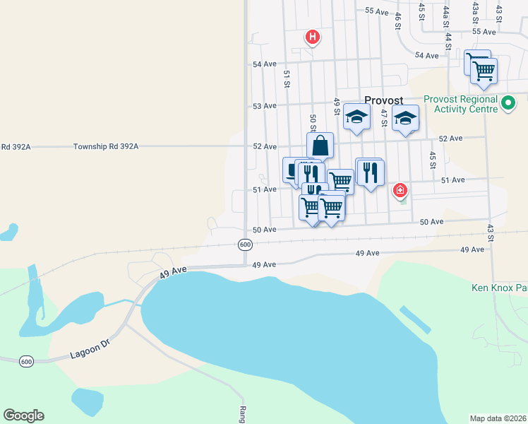 map of restaurants, bars, coffee shops, grocery stores, and more near 5020 52 Street in Provost