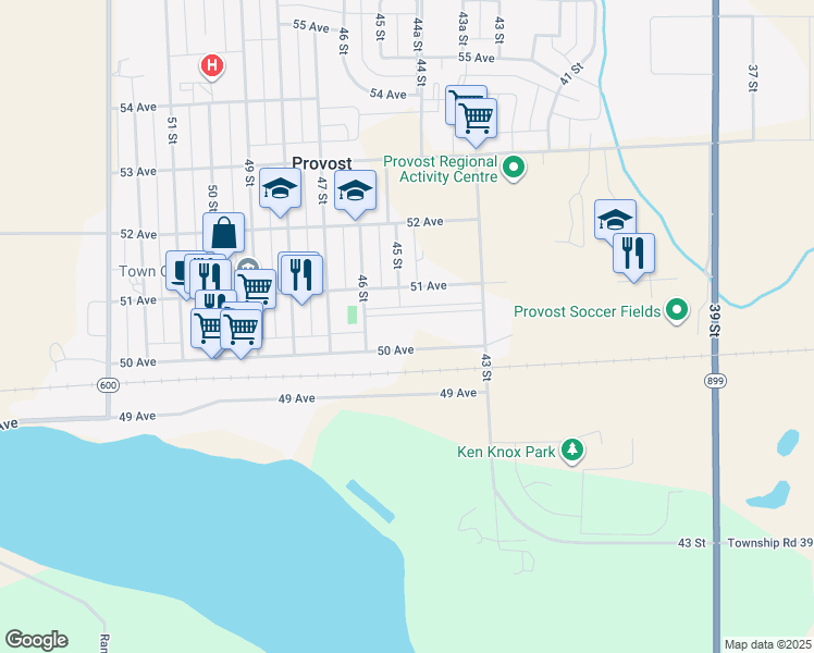 map of restaurants, bars, coffee shops, grocery stores, and more near 4440 50 Avenue in Provost