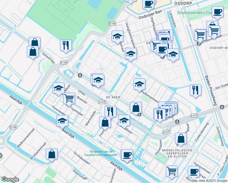 map of restaurants, bars, coffee shops, grocery stores, and more near 68 Noorderakerweg in Amsterdam
