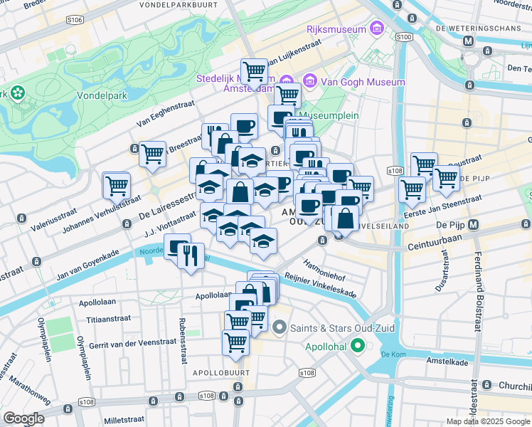 map of restaurants, bars, coffee shops, grocery stores, and more near 119 Frans van Mierisstraat in Amsterdam