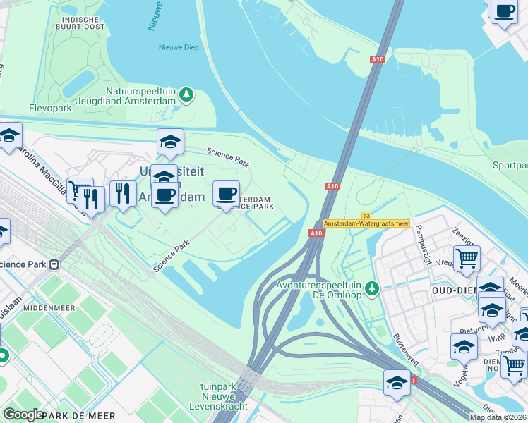 map of restaurants, bars, coffee shops, grocery stores, and more near 610 Science Park in Amsterdam