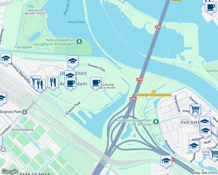map of restaurants, bars, coffee shops, grocery stores, and more near 610 Science Park in Amsterdam