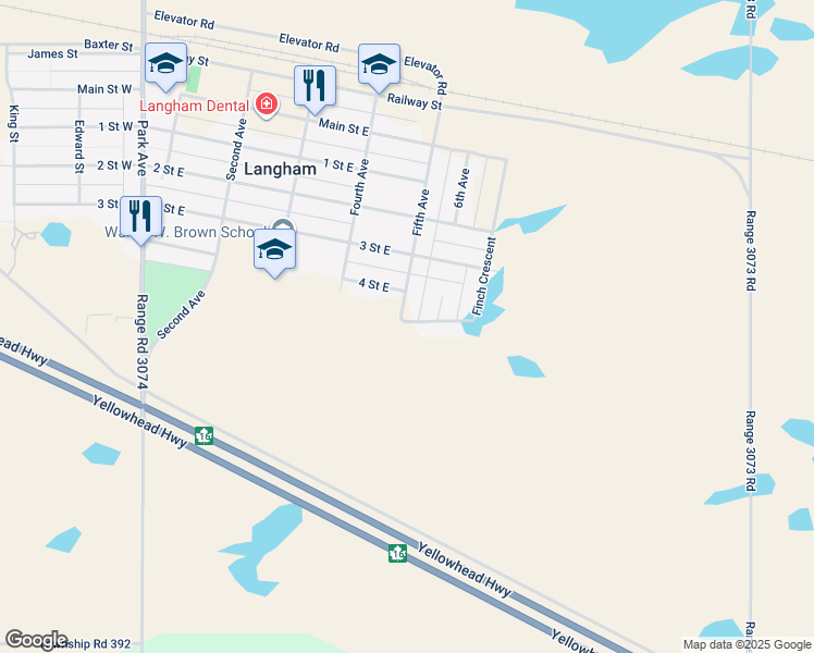 map of restaurants, bars, coffee shops, grocery stores, and more near 110 Finch Crescent in Langham