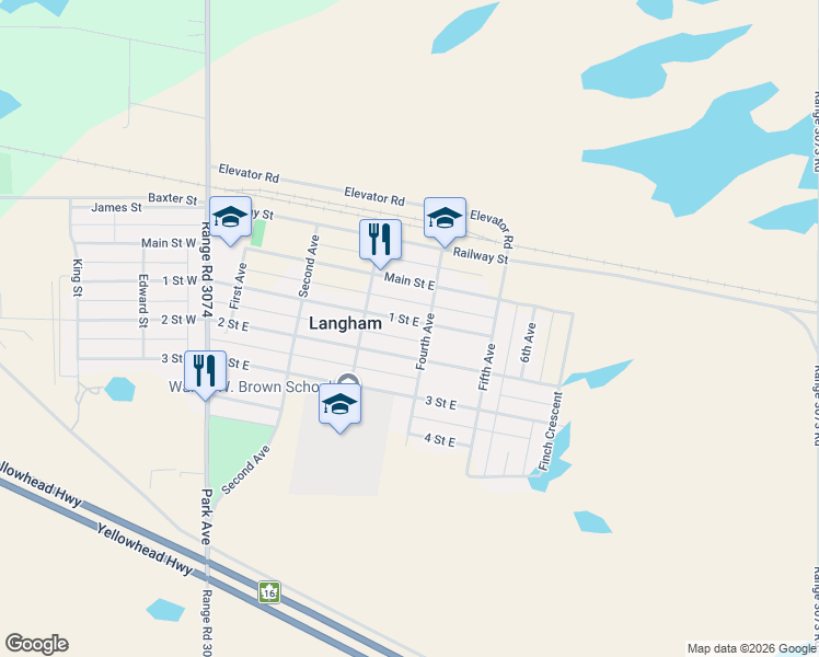 map of restaurants, bars, coffee shops, grocery stores, and more near 314 1 Street East in Langham