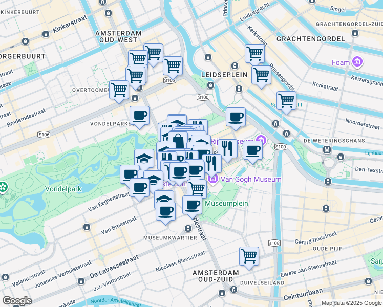 map of restaurants, bars, coffee shops, grocery stores, and more near 101 Pieter Cornelisz Hooftstraat in Amsterdam