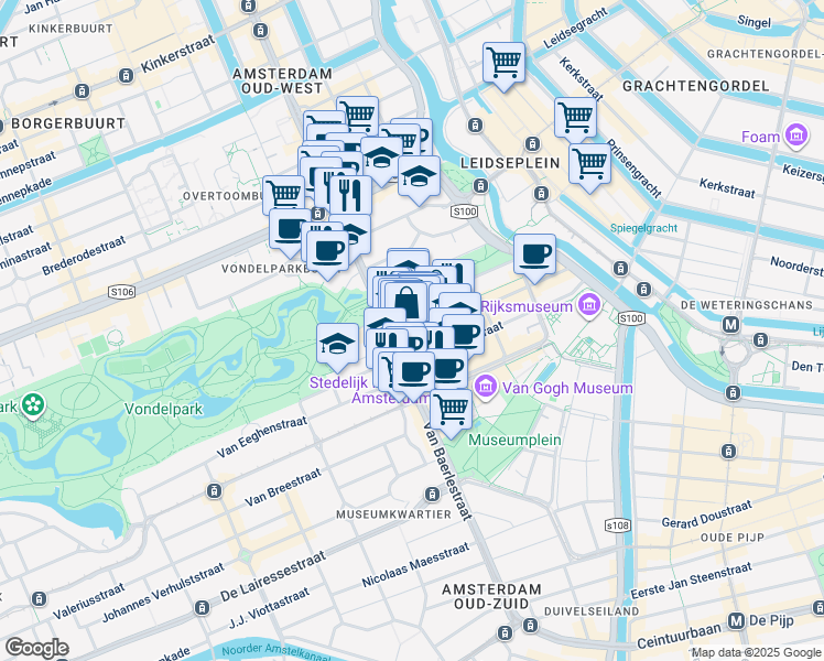 map of restaurants, bars, coffee shops, grocery stores, and more near 132-134 Pieter Cornelisz Hooftstraat in Amsterdam