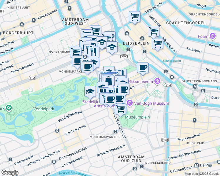 map of restaurants, bars, coffee shops, grocery stores, and more near 132-134 Pieter Cornelisz Hooftstraat in Amsterdam