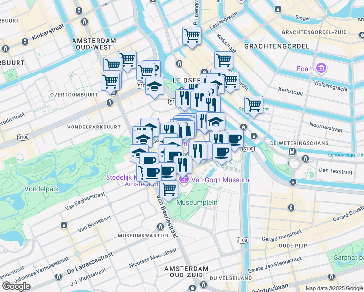 map of restaurants, bars, coffee shops, grocery stores, and more near 65 Pieter Cornelisz Hooftstraat in Amsterdam