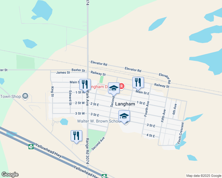 map of restaurants, bars, coffee shops, grocery stores, and more near 140 Main Street East in Langham