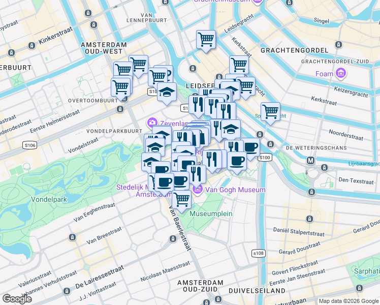 map of restaurants, bars, coffee shops, grocery stores, and more near 78 Pieter Cornelisz Hooftstraat in Amsterdam