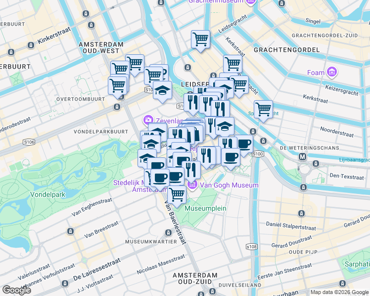 map of restaurants, bars, coffee shops, grocery stores, and more near 78 Pieter Cornelisz Hooftstraat in Amsterdam