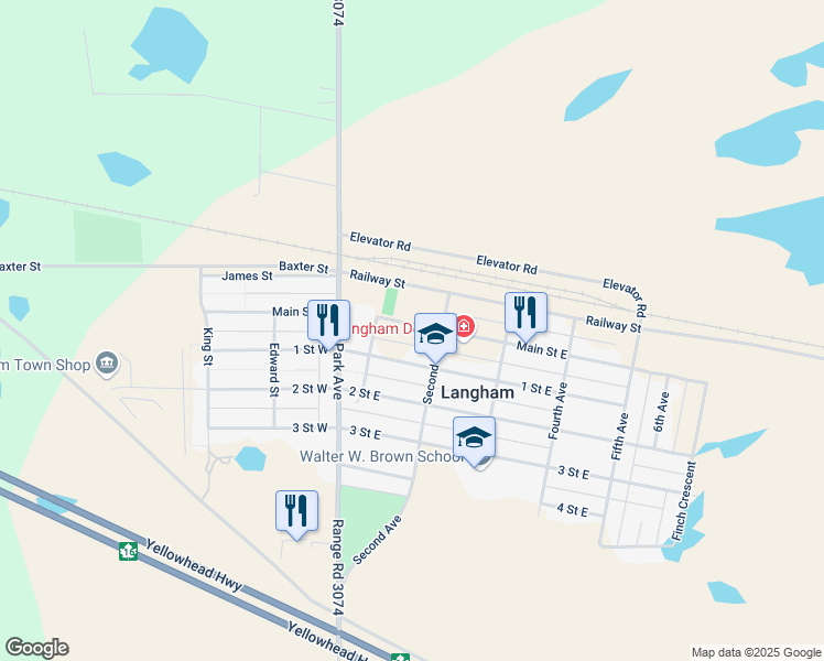map of restaurants, bars, coffee shops, grocery stores, and more near 140 Main Street East in Langham