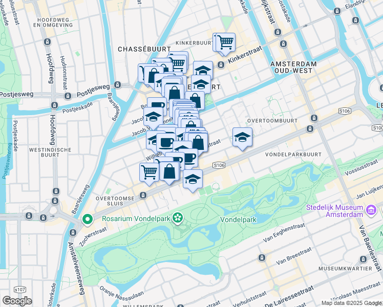 map of restaurants, bars, coffee shops, grocery stores, and more near Brederodestraat in Amsterdam
