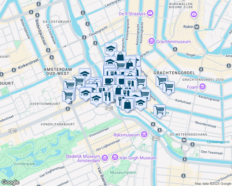 map of restaurants, bars, coffee shops, grocery stores, and more near 97 Leidsekade in Amsterdam