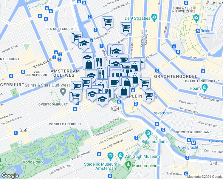 map of restaurants, bars, coffee shops, grocery stores, and more near 80 Leidsekade in Amsterdam