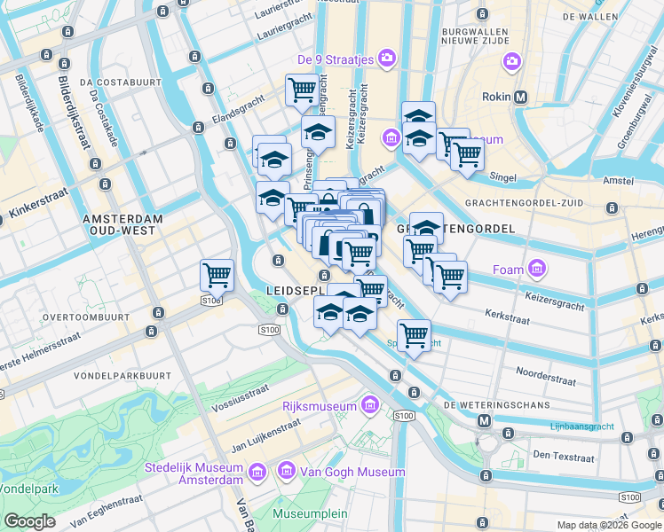 map of restaurants, bars, coffee shops, grocery stores, and more near in Amsterdam