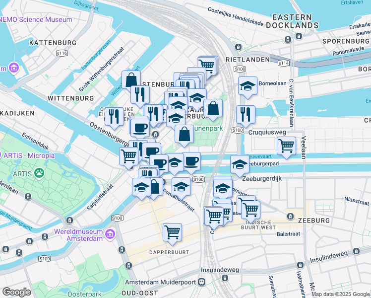 map of restaurants, bars, coffee shops, grocery stores, and more near 119 Cruquiuskade in Amsterdam