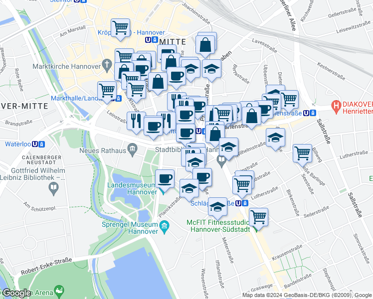 map of restaurants, bars, coffee shops, grocery stores, and more near 10 Friedrichswall in Hanover