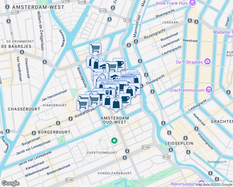 map of restaurants, bars, coffee shops, grocery stores, and more near 365 Da Costakade in Amsterdam