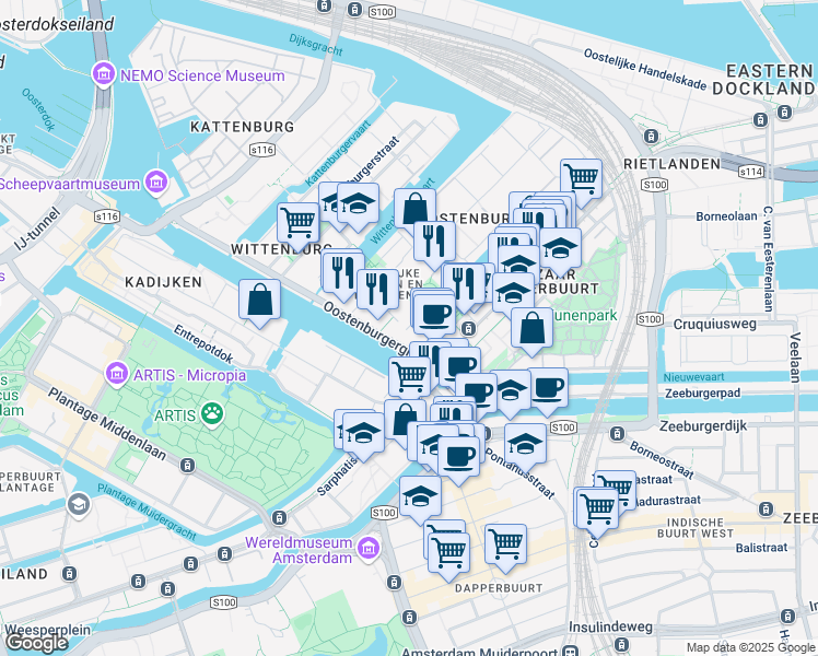 map of restaurants, bars, coffee shops, grocery stores, and more near Admiraliteitstraat in Amsterdam