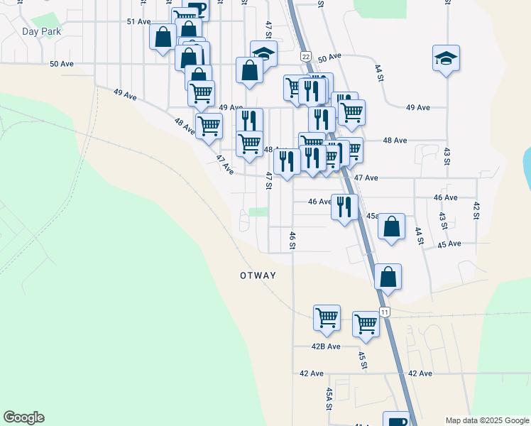 map of restaurants, bars, coffee shops, grocery stores, and more near 4608 47 Street in Rocky Mountain House